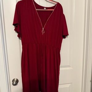 Red V-Neck Dress with Drawstring Waist